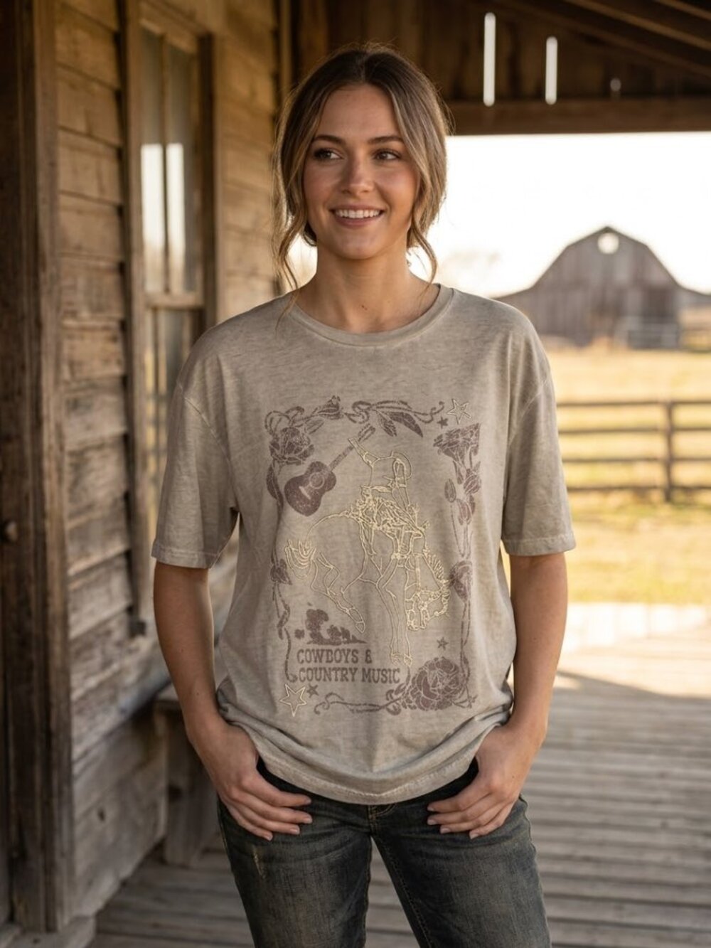 Zutter Cowboys & Country Music Graphic Tee Tan Mineral Wash Large